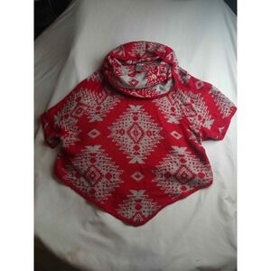 New Directions Weekend Red Grey Southwestern Cowl Neck Poncho Sweater Plus 1X